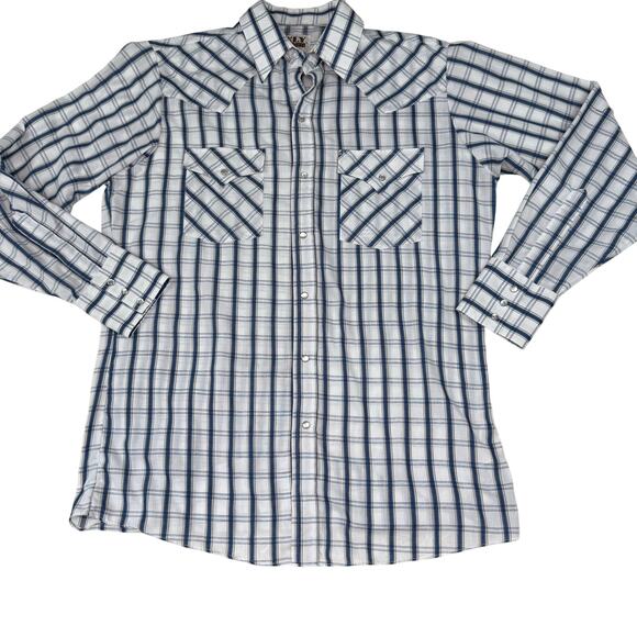 Ely Cattleman Men's Plaid Pearl Snap Western Shirts Size M Blue White - Picture 1 of 16